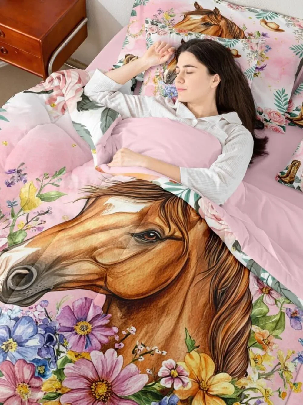 Western Cowgirl Horse Twin Bedding Set 7 Piece for Girls Kids,Cute Boho Pink Flo
